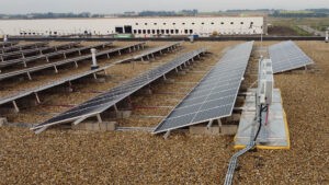 Close up of a solar array on top of a building